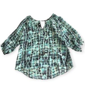 IZ Byer Blue White Black Abstract Pattern Open Shoulder Blouse Vneck Women's XS